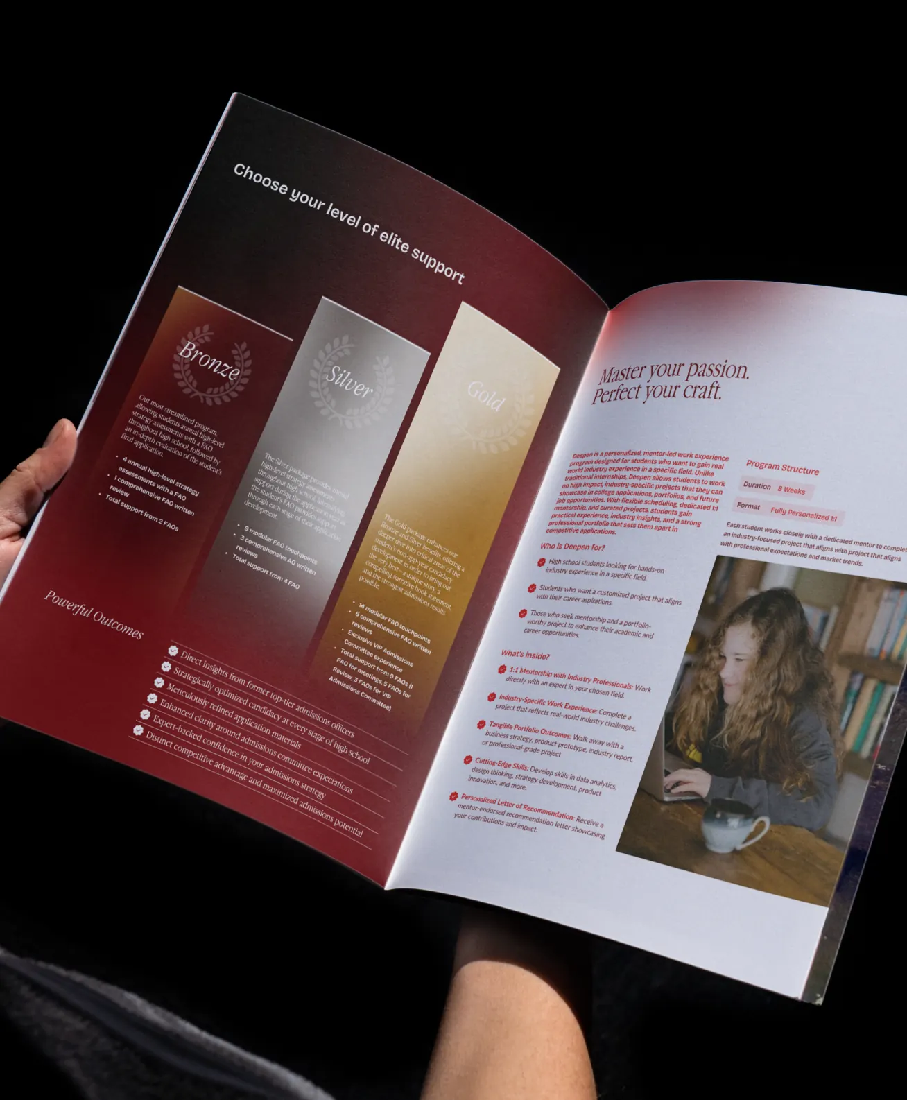 A Crimson brochure open at “Choose your level of elite support”, its Bronze, Silver and Gold tiers set as three columns against a crimson page