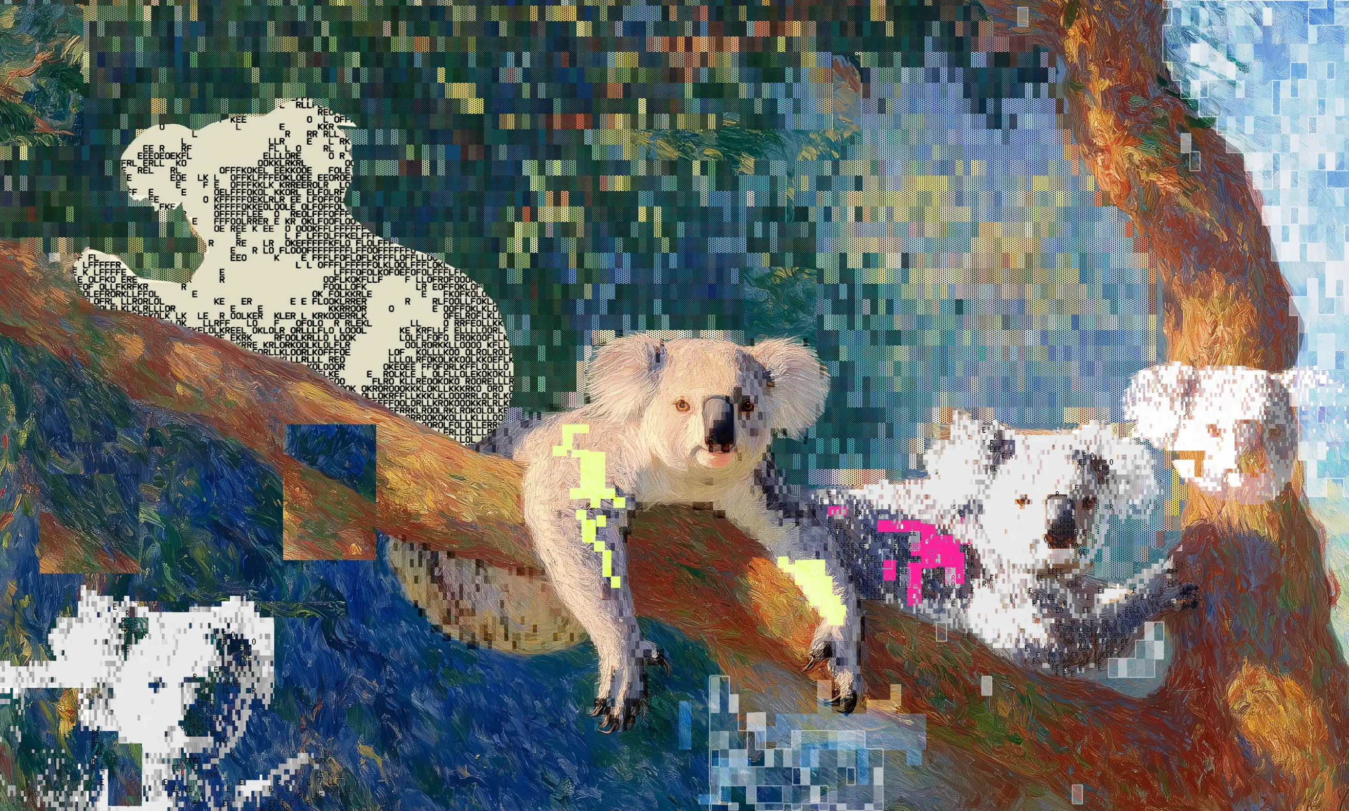 The closing plate: koalas along a eucalypt branch in a thickly painted landscape, one of them replaced by a field of typed characters and the rest broken into magenta and chartreuse pixel blocks