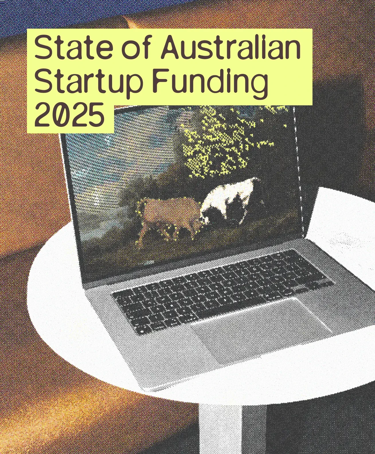 A halftoned photograph of a laptop on a white pedestal against a purple and gold dithered ground, showing the report on screen, with the butter-yellow title block set over the top