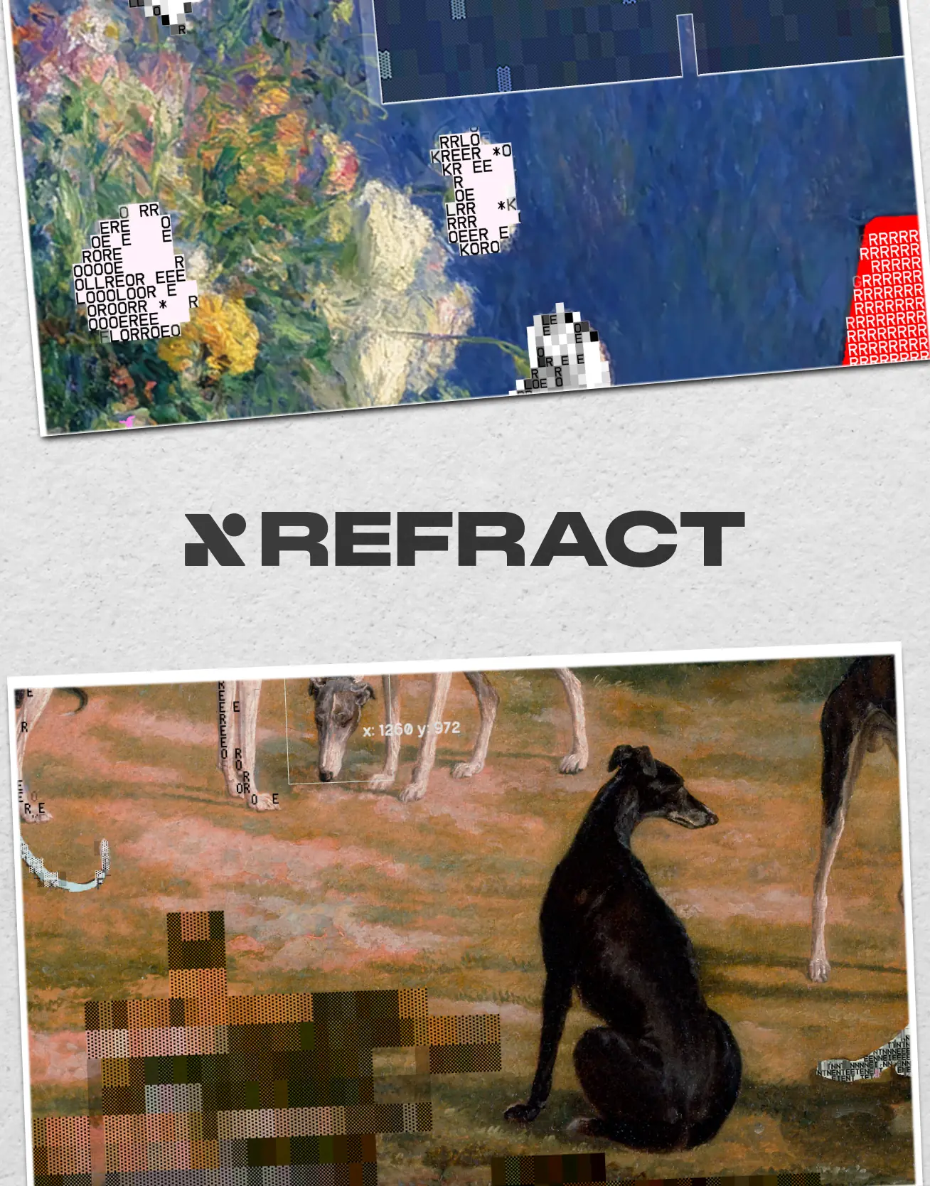 A grey paper poster carrying the Refract wordmark, with two plates from the report tipped across it, a corrupted flower painting above and a group of greyhounds below