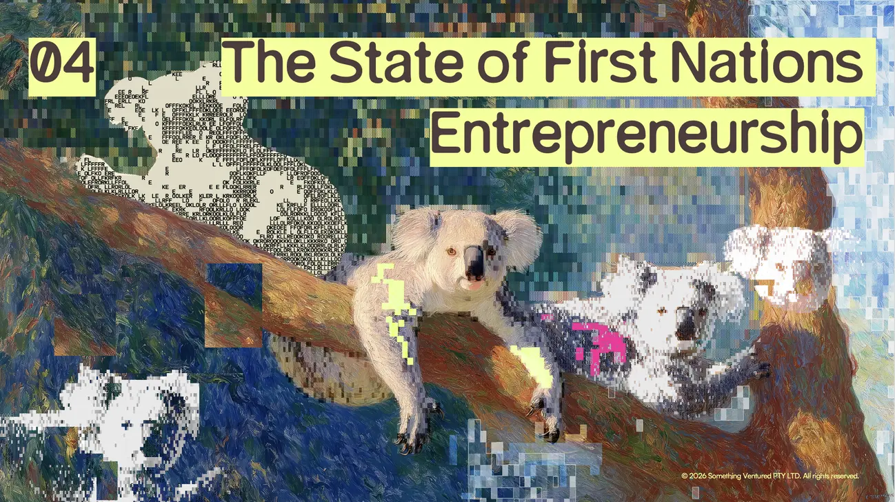 A chapter opener, “04 The State of First Nations Entrepreneurship”, set over a pixel-sorted painting of koalas along a branch
