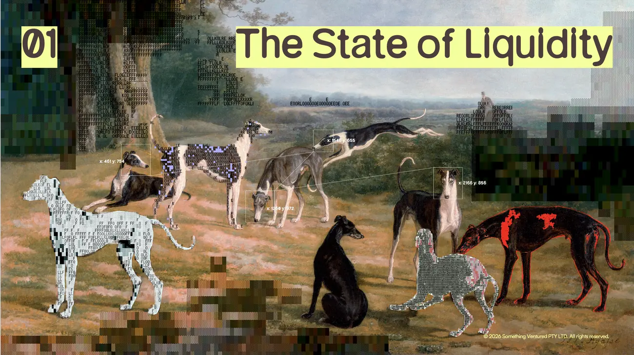 A chapter opener, “The State of Liquidity”, set over a painting of greyhounds on an ochre plain, half of them dissolved into pixels