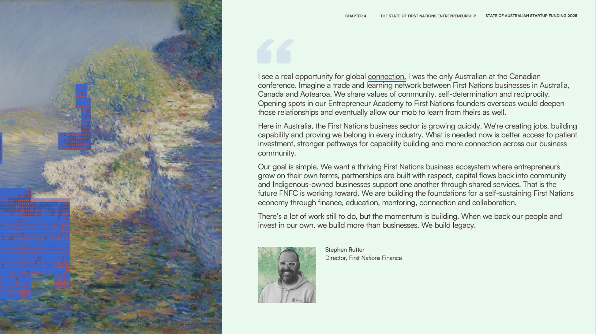 A pale mint spread carrying a pulled quote from Stephen Rutter, Director of First Nations Finance, beside an impressionist painting of blossom over water