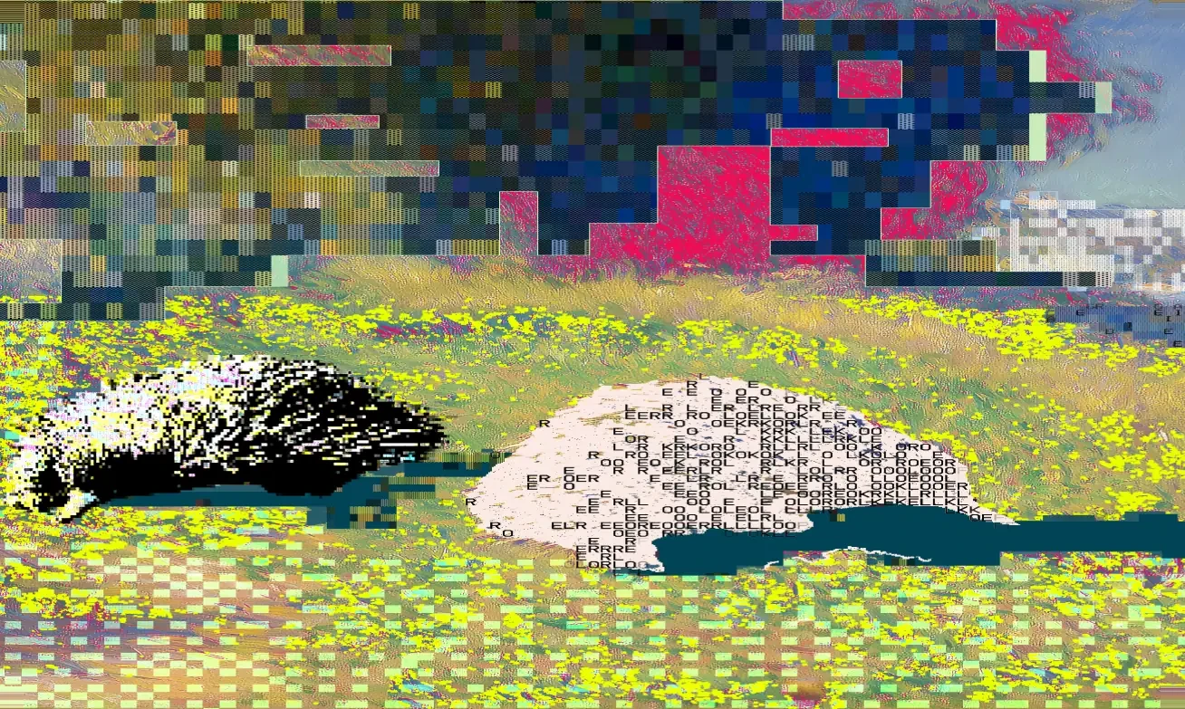 A pastoral painting of two animals in a wildflower meadow, the top third of it displaced into a band of magenta and blue datamosh