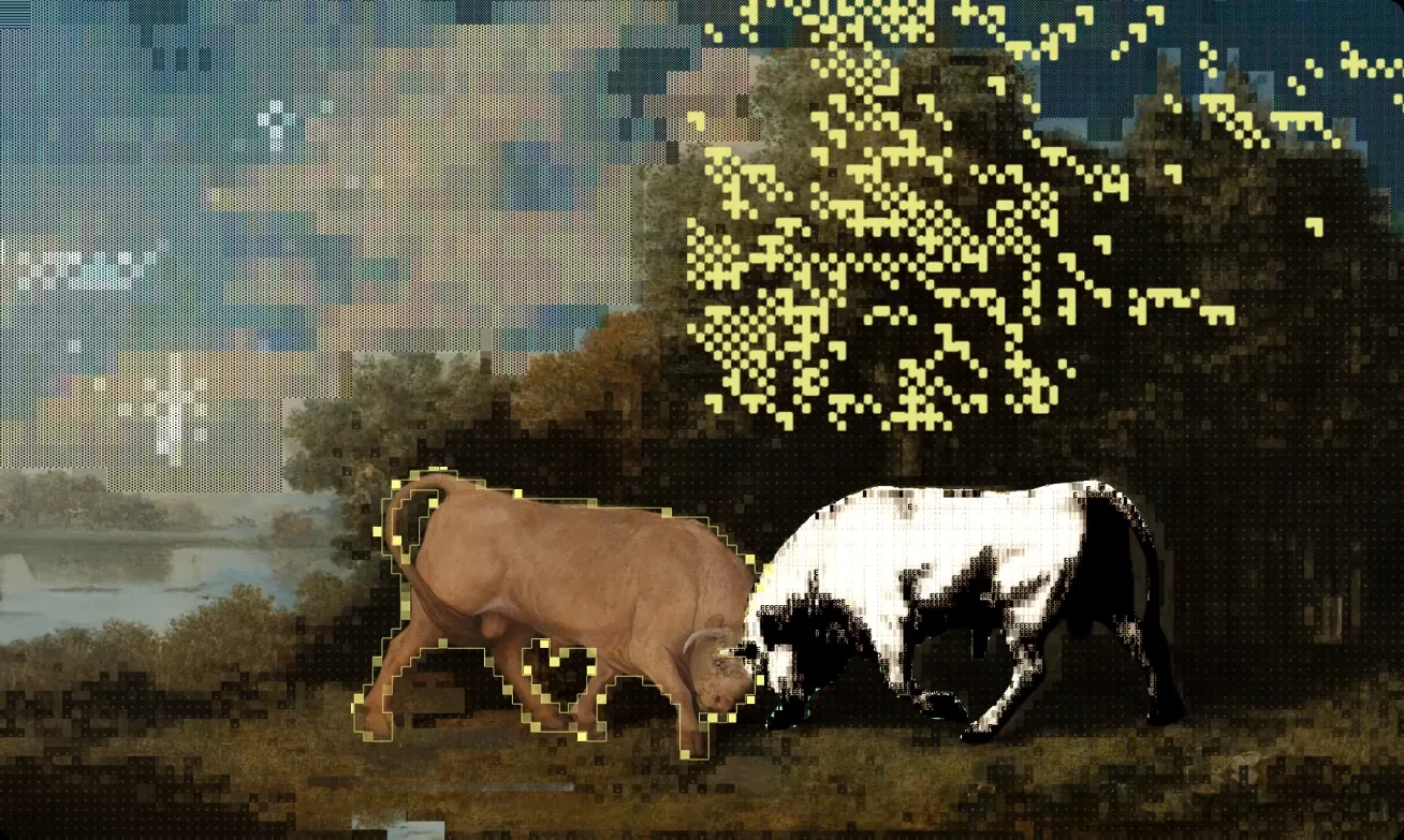 Two bulls locking horns in a dark landscape, dithered throughout, with the tree canopy behind them broken into chartreuse pixels