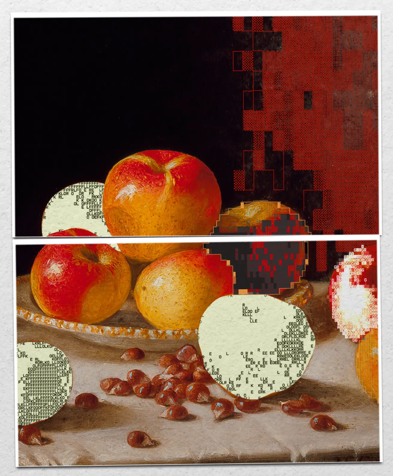 Two still-life plates stacked with white borders, nineteenth-century paintings of fruit on dark grounds, with the shadows behind them sorted into red and black blocks and the fruit overwritten with characters