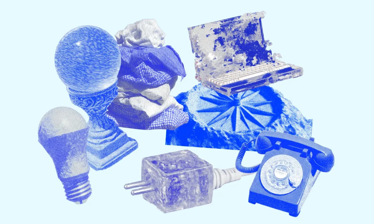 Product renders in the brand blue: a bulb, a plug, a compass, a handset