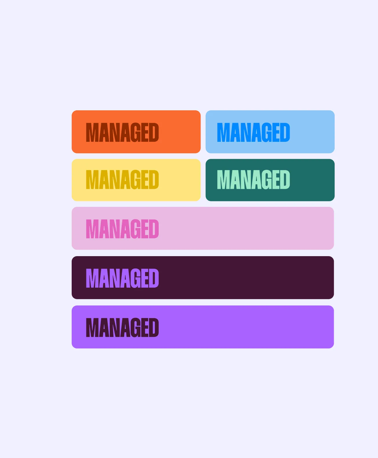 The wordmark tested across the palette: seven bars each carrying “Managed” in a different pairing — orange on orange, blue on blue, yellow, teal, pink, purple on Twilight, and Twilight on purple