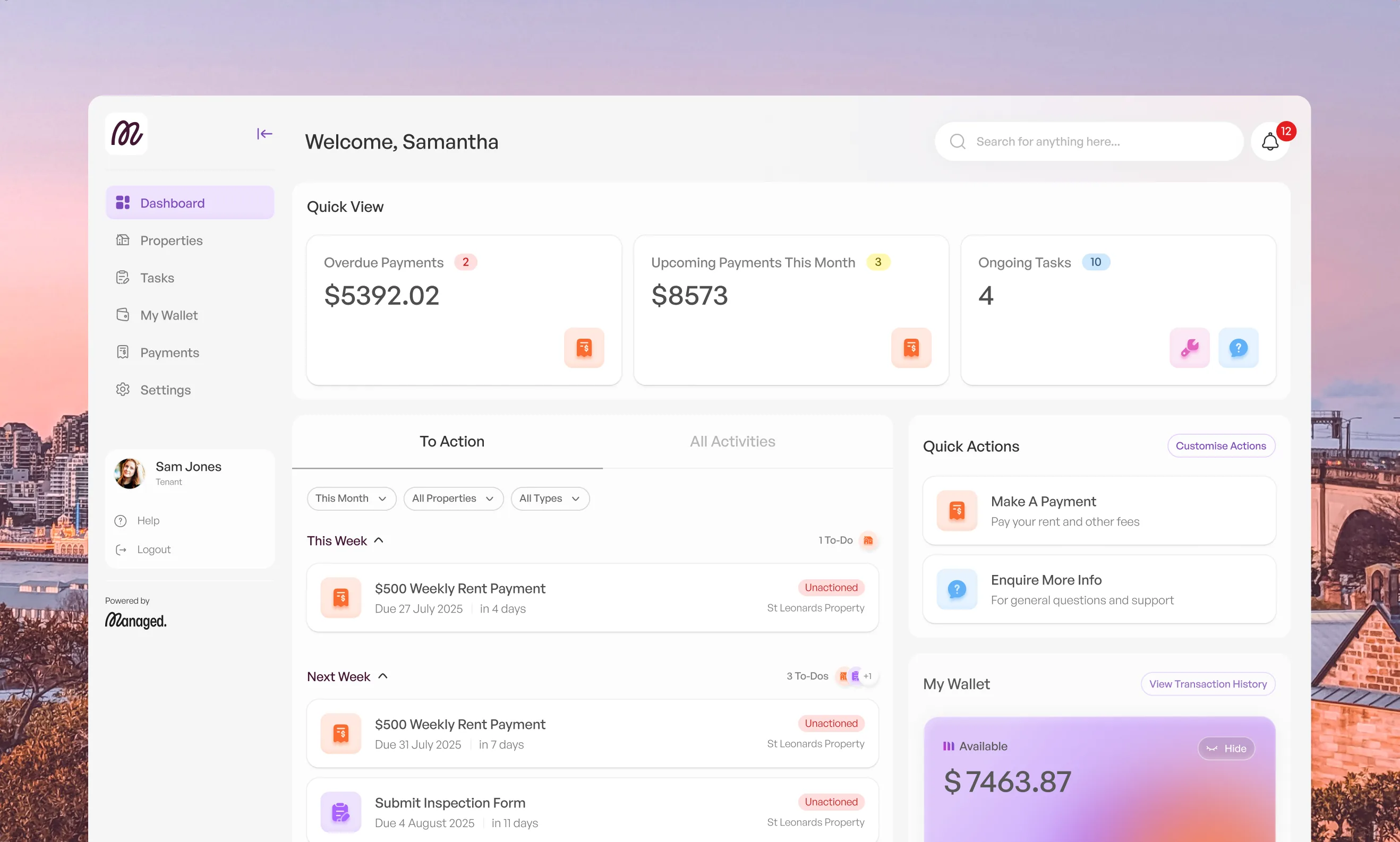 The platform dashboard over a photograph of a city at dusk: overdue and upcoming payments, ongoing tasks, a to-do list by week, a quick-actions rail down the right, and a sidebar carrying the Managed wordmark