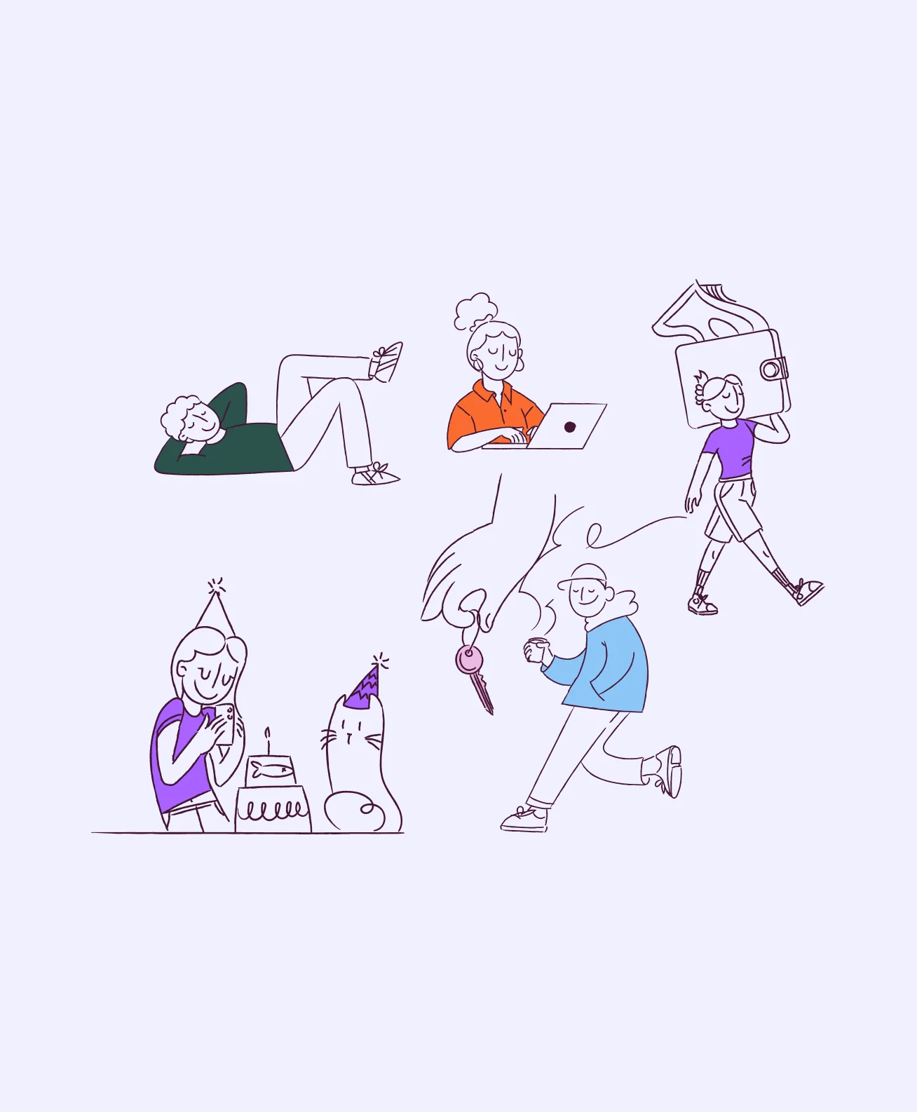The illustration set: eight line-drawn figures — reading, working at a laptop, carrying a moving box, holding out a key, blowing out a birthday candle beside a cat — spot-coloured in the brand purples and orange