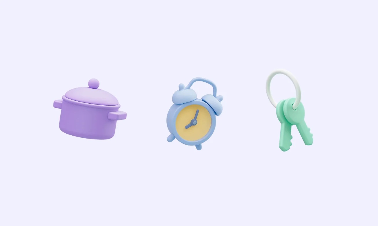 Three rendered objects in the brand palette: a lilac casserole pot, a blue alarm clock and a set of mint green keys