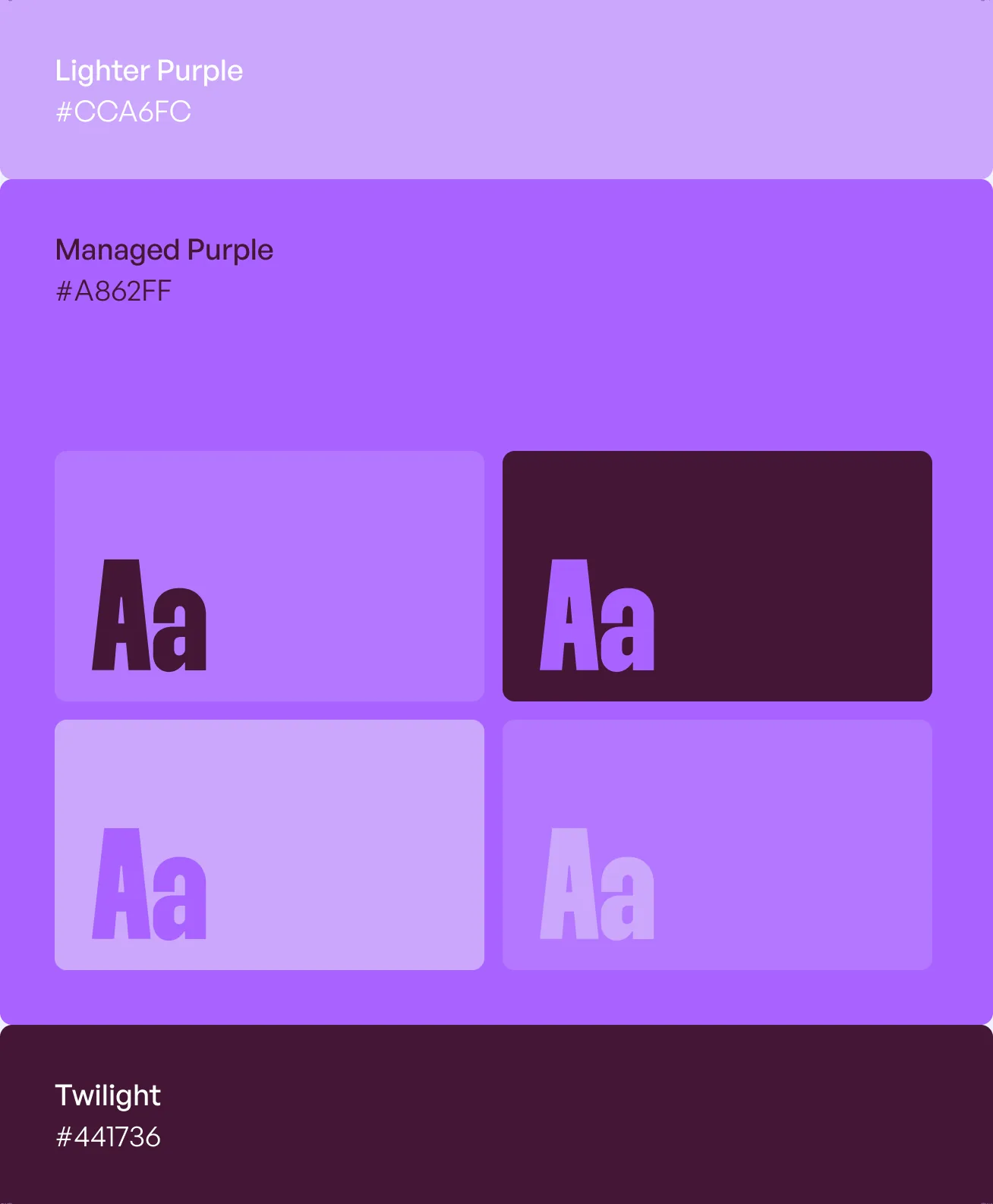 The palette as nested blocks: Lighter Purple #CCA6FC around Managed Purple #A862FF around Twilight #441736, with four Aa specimens showing the type on each ground