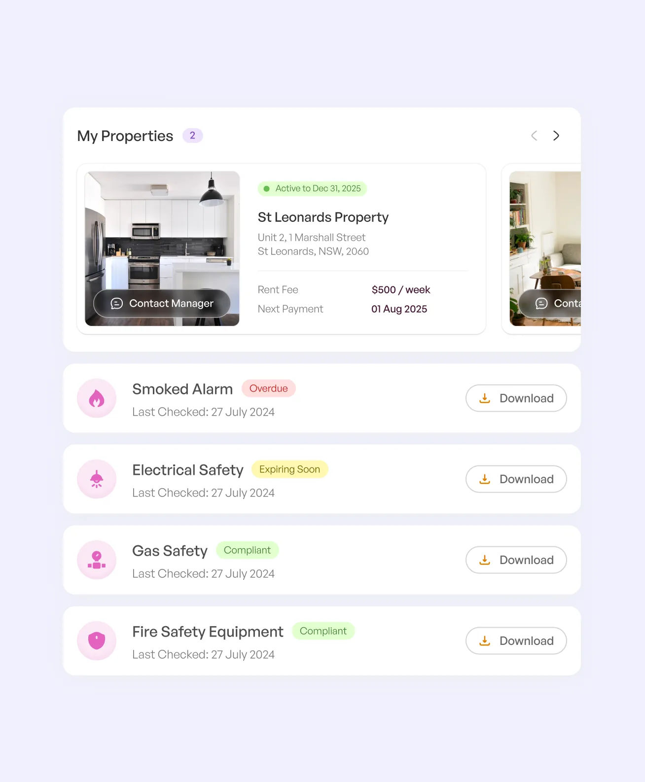 The renter’s property view: a carousel of property cards over four compliance rows — smoke alarm, electrical safety, gas safety and fire safety equipment — each with its status and a download
