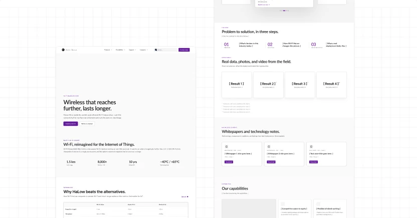 Two wireframed page scrolls: a homepage hero and an industry use-case template