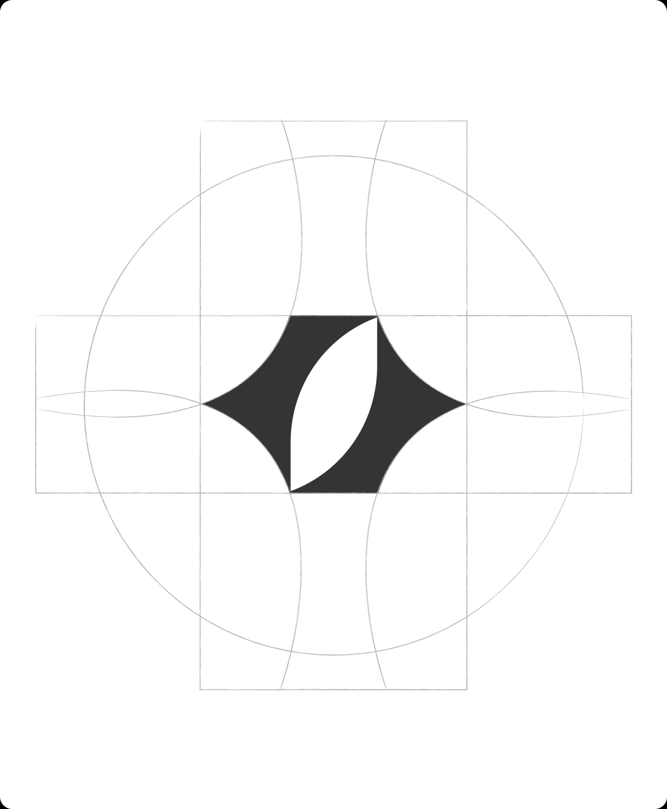 The Prism mark drawn on its construction geometry, a circle, two bounding rectangles and four arcs