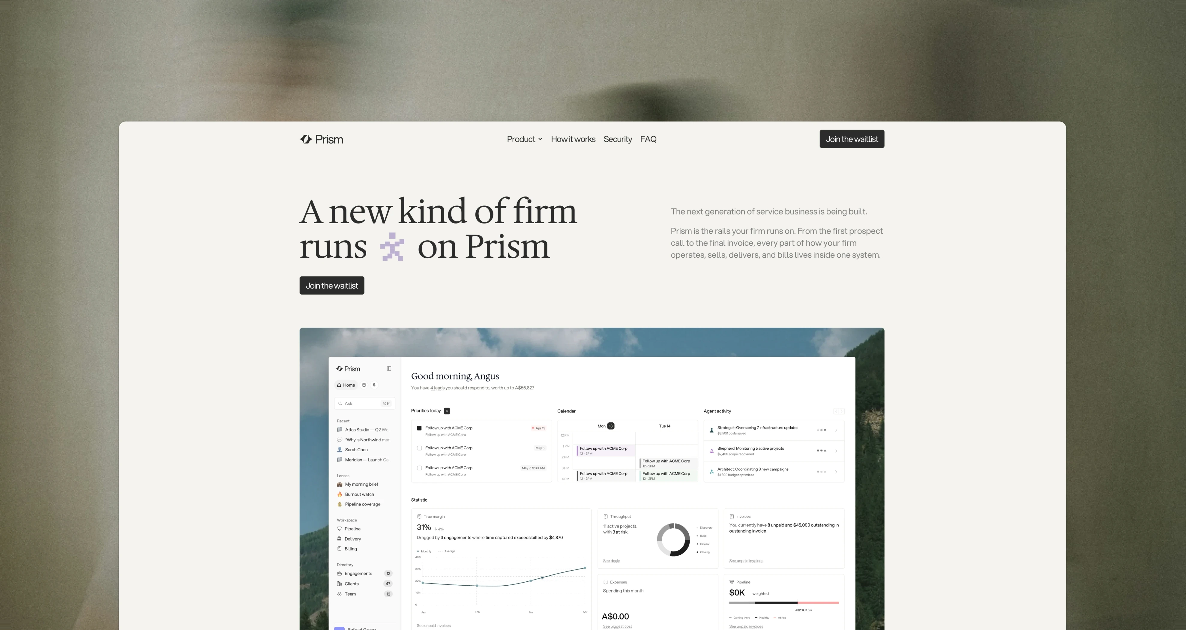 The Prism website on a blurred plate, its headline reading “A new kind of firm runs on Prism” above the product