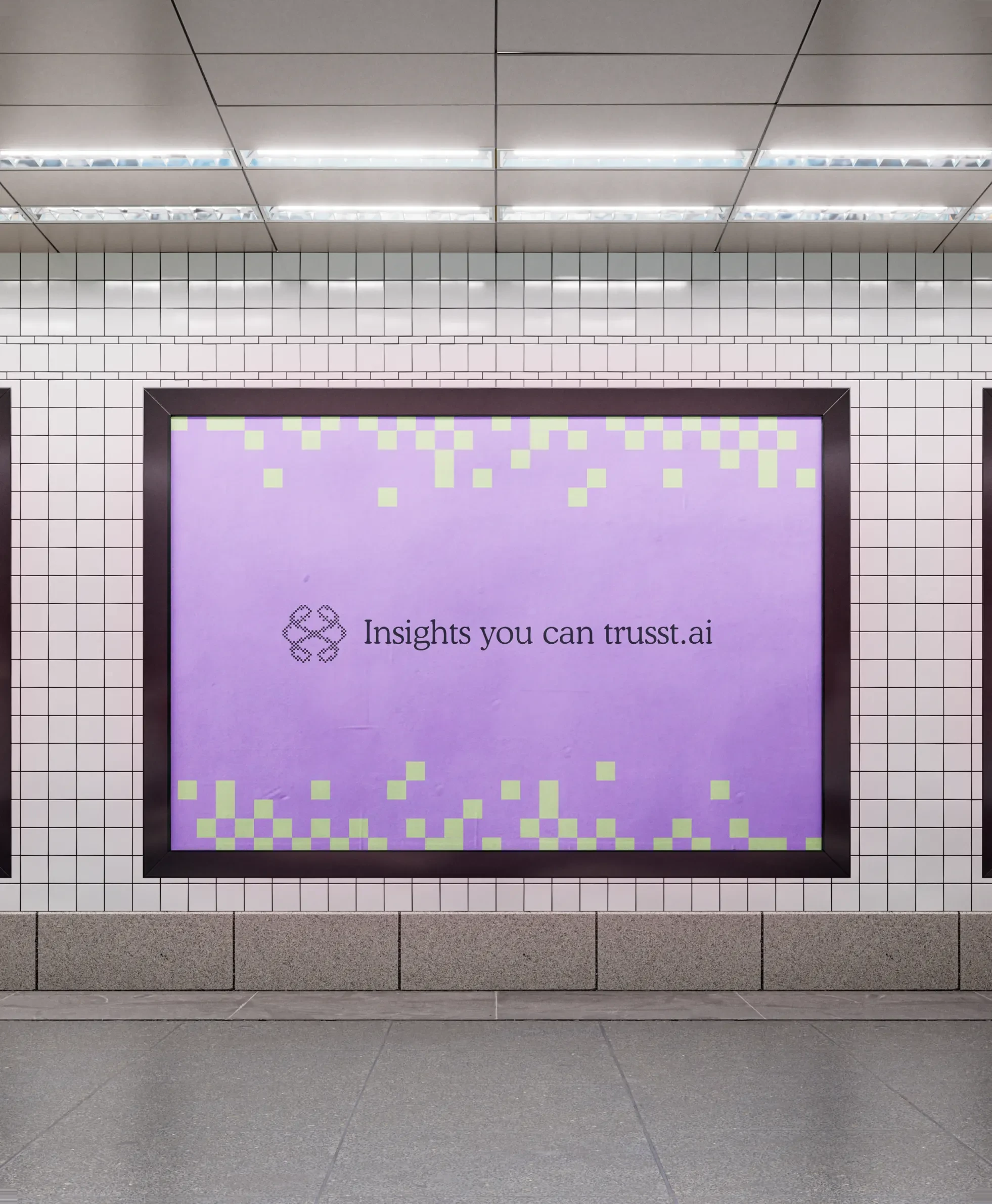 A tiled metro wall carrying a lilac Trusst poster
