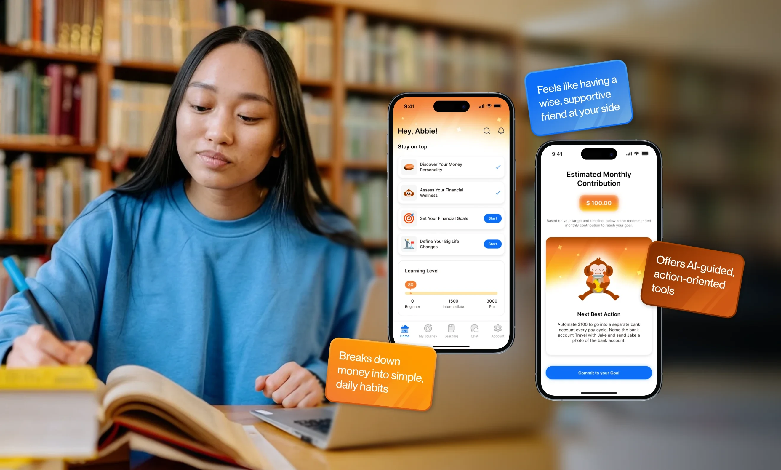 The app beside a student in a library, with its guidance callouts