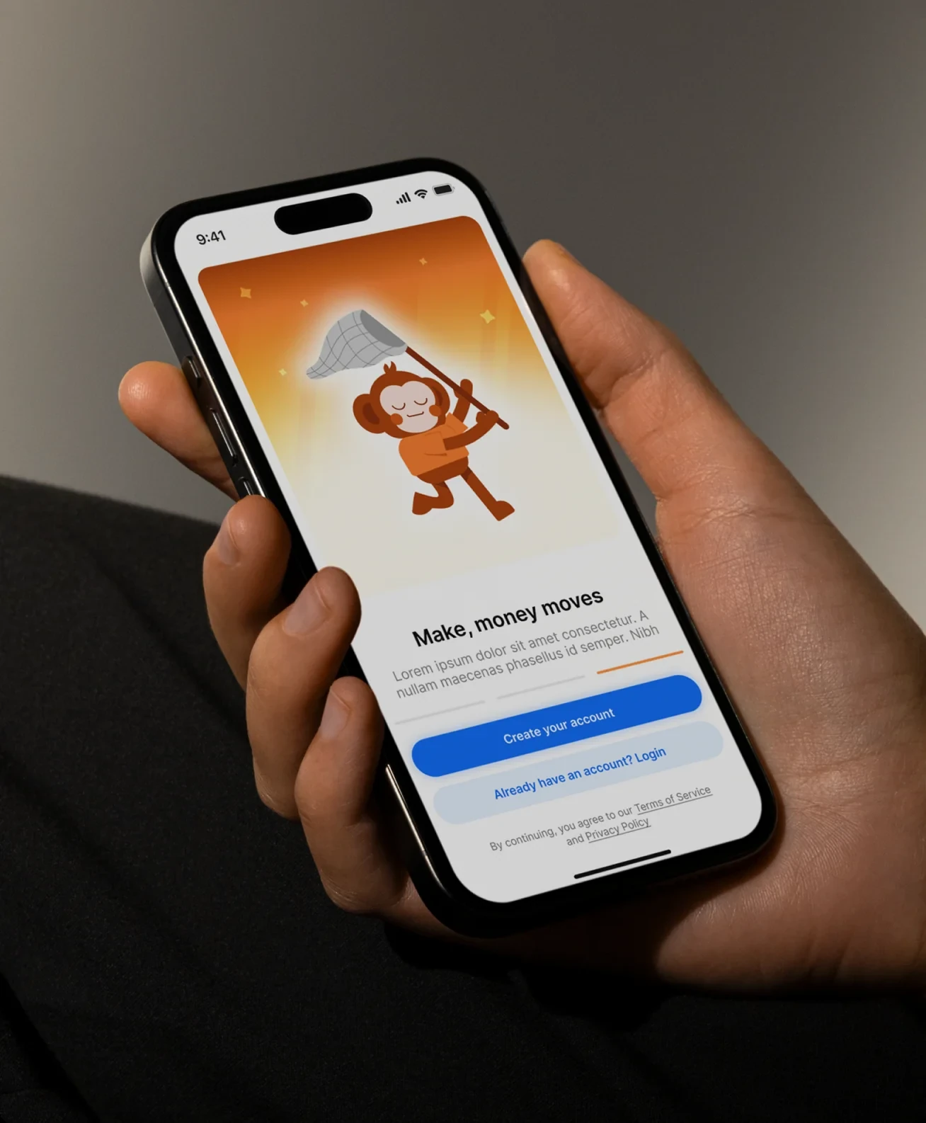 The "Make, money moves" onboarding screen, in hand