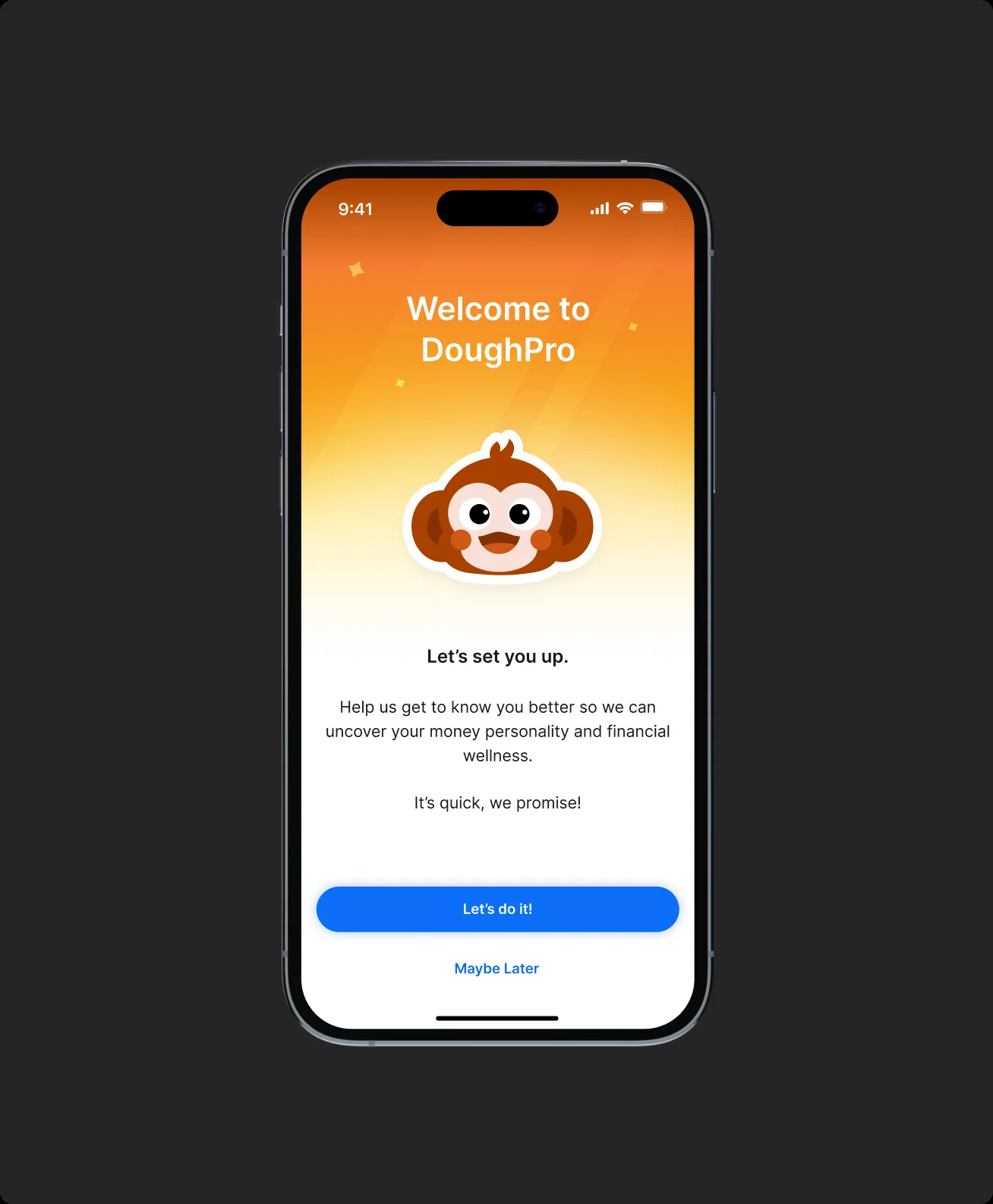 The welcome screen: "Welcome to DoughPro, let's set you up"