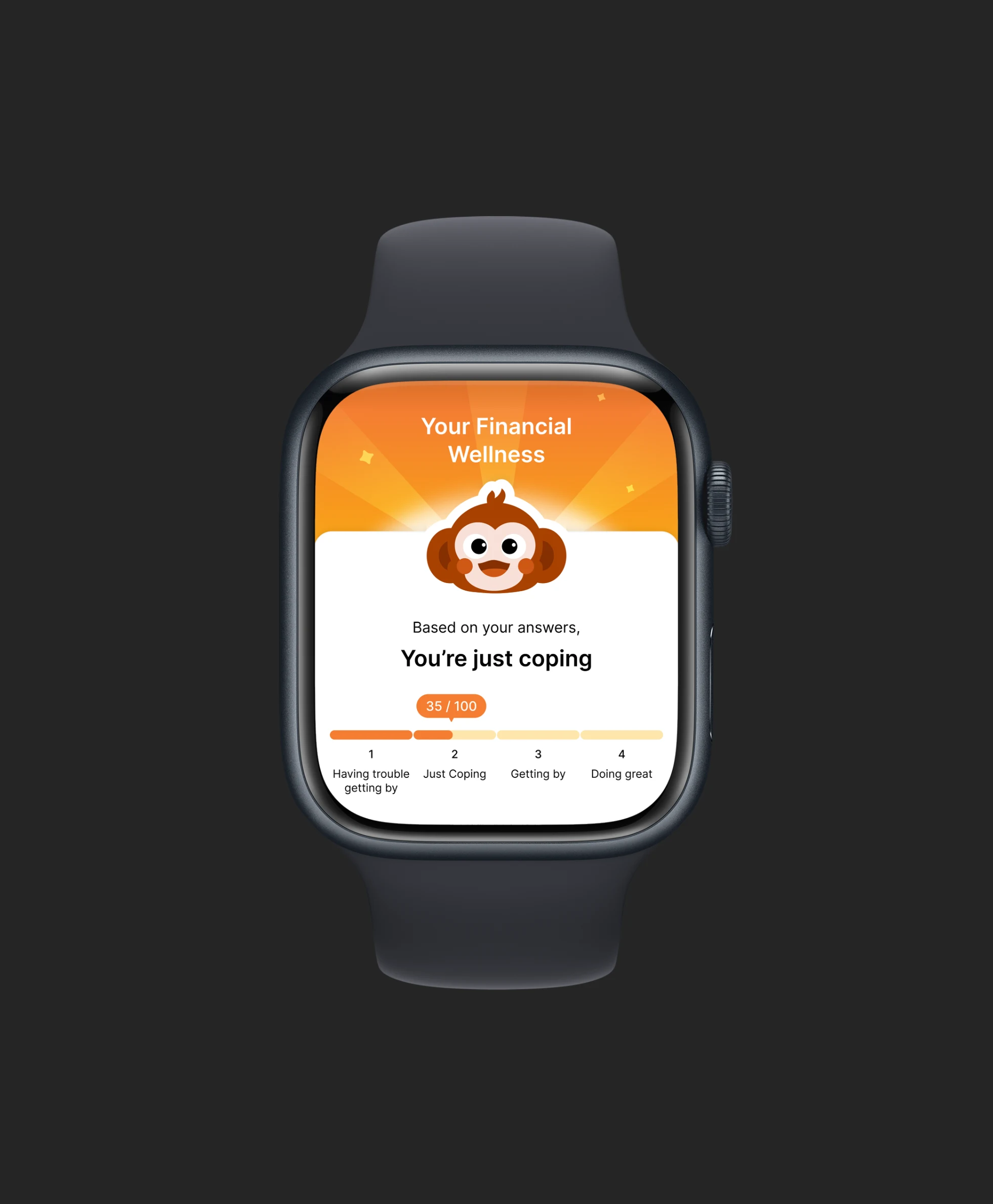 The financial wellness score on an Apple Watch: "You're just coping", 35 out of 100 on a four-step scale from having trouble getting by to doing great