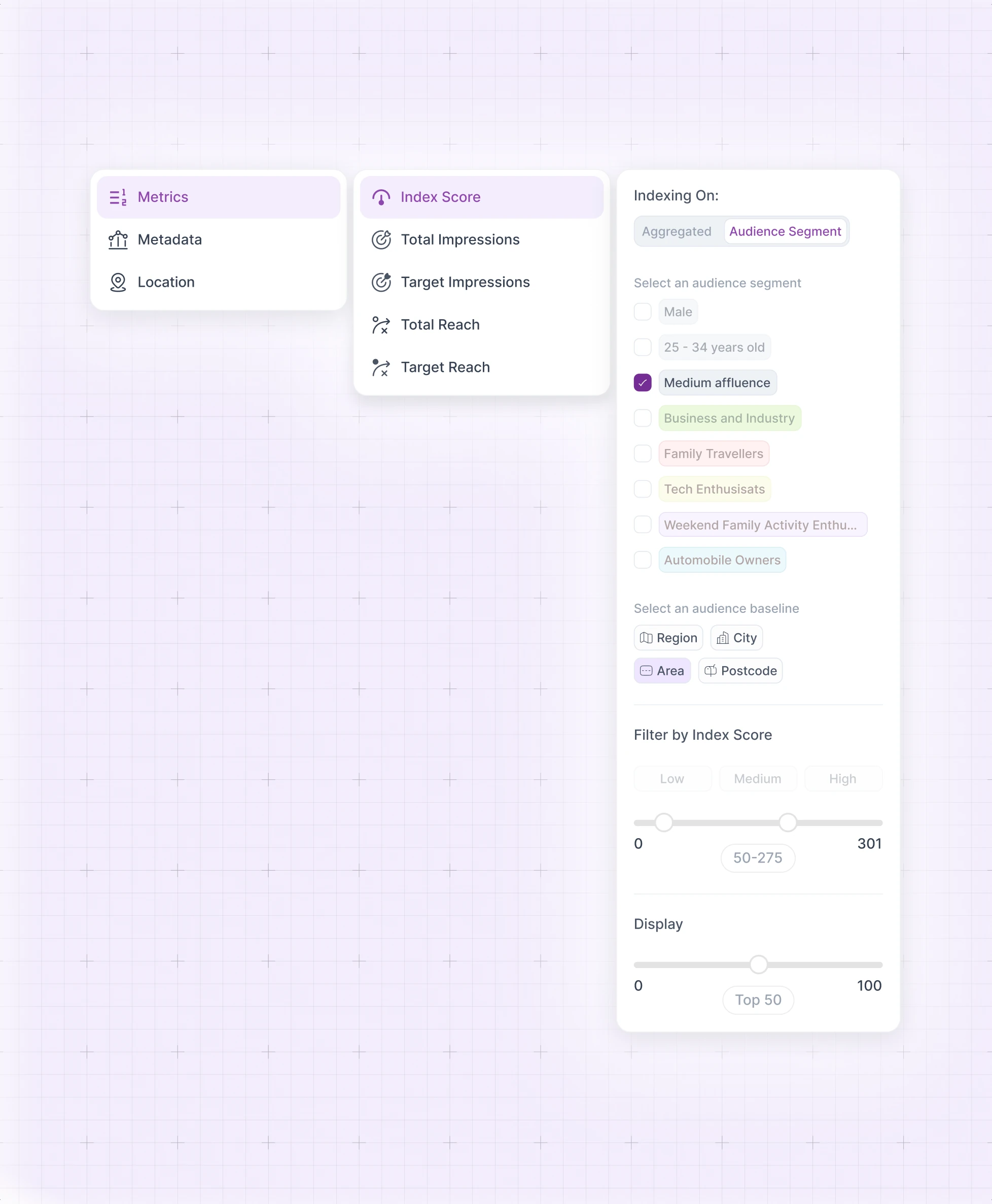 The indexing controls: a metrics menu, an index score menu, and a panel for choosing the audience segment, the baseline geography, an index score filter and how many results to show