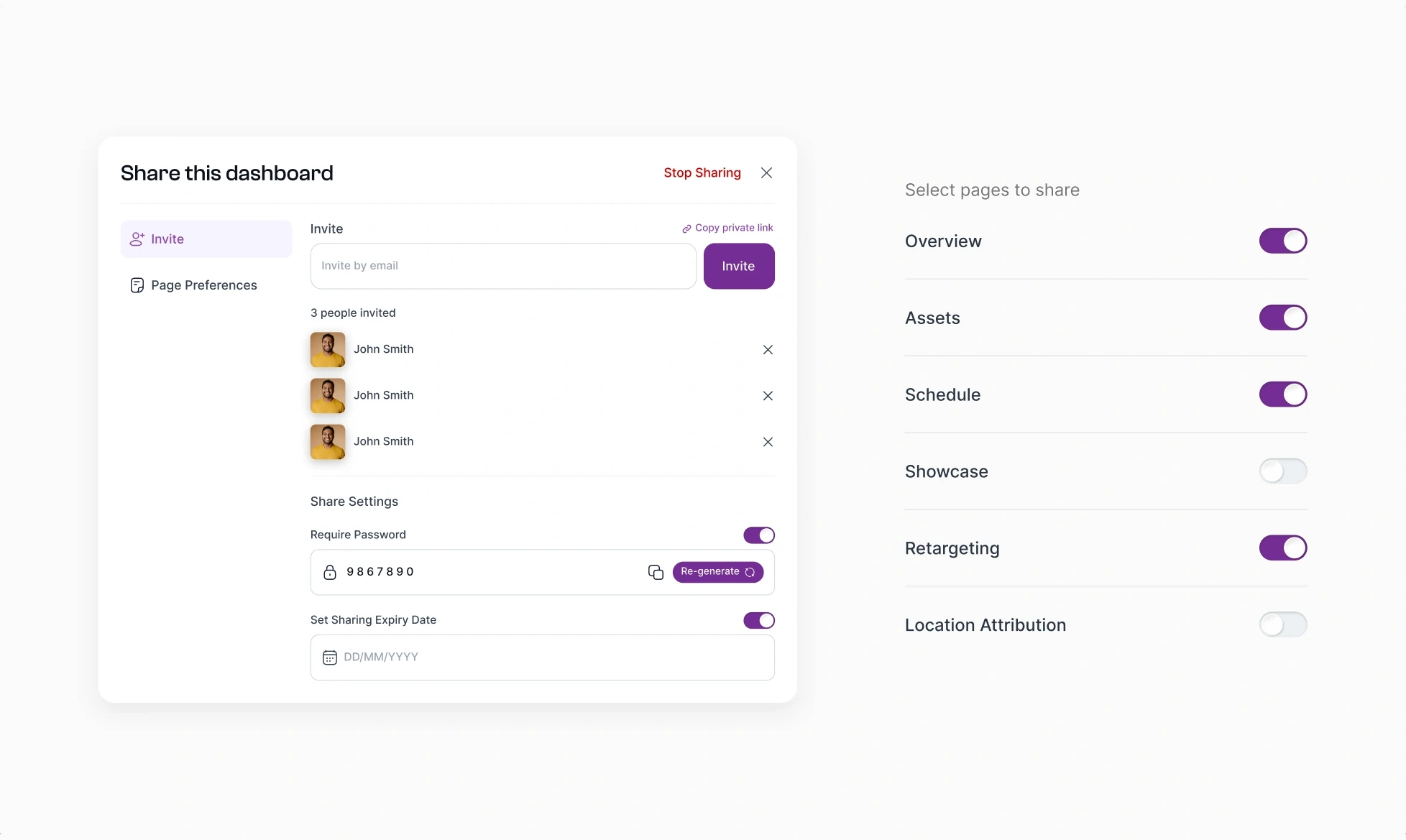 The share dialog: an invite tab with three people invited, password and expiry settings, and a list of dashboard pages each with its own sharing toggle