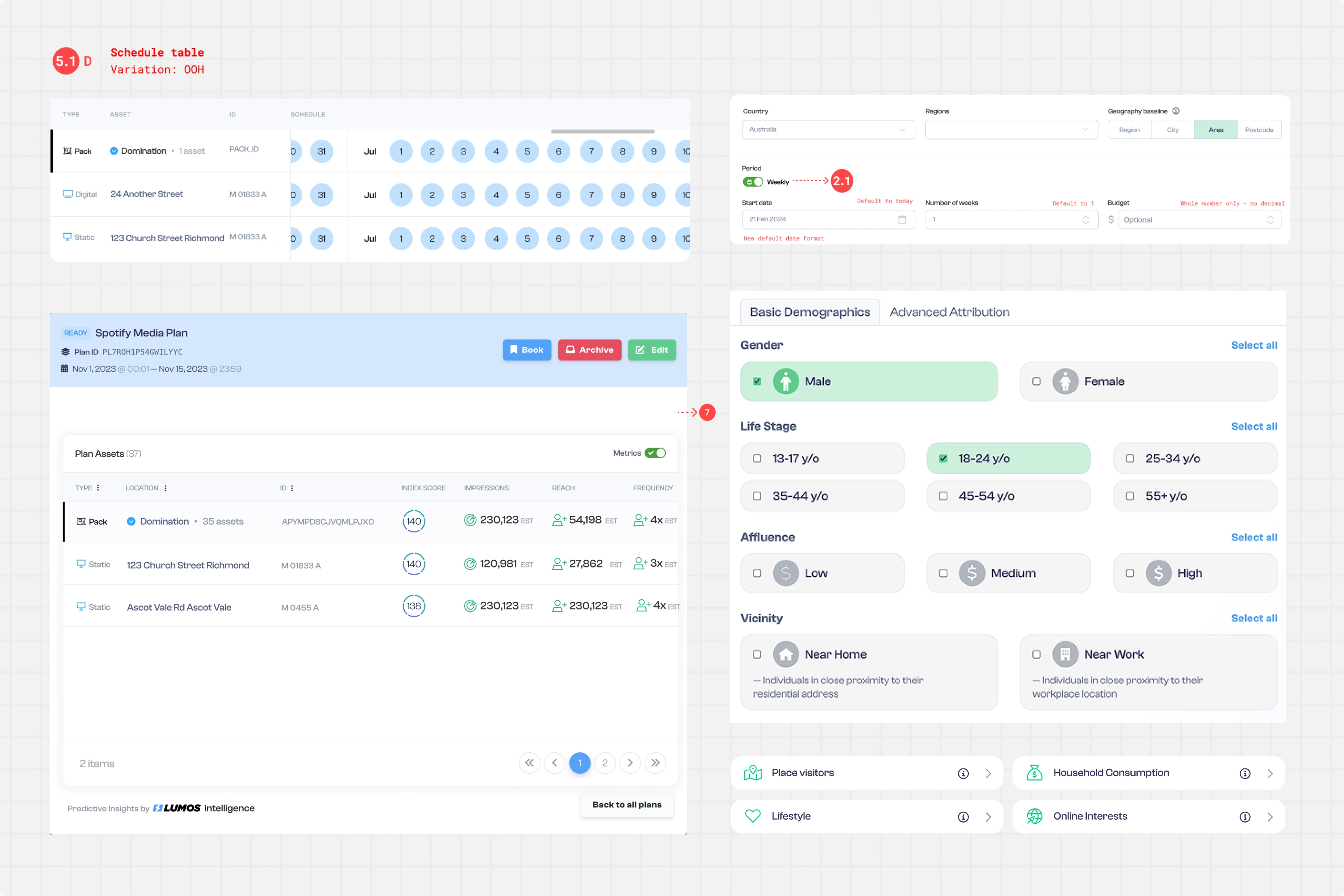 More of the audit: a plan details form, the plan overview index score panel, and the audience segment pills the old product used