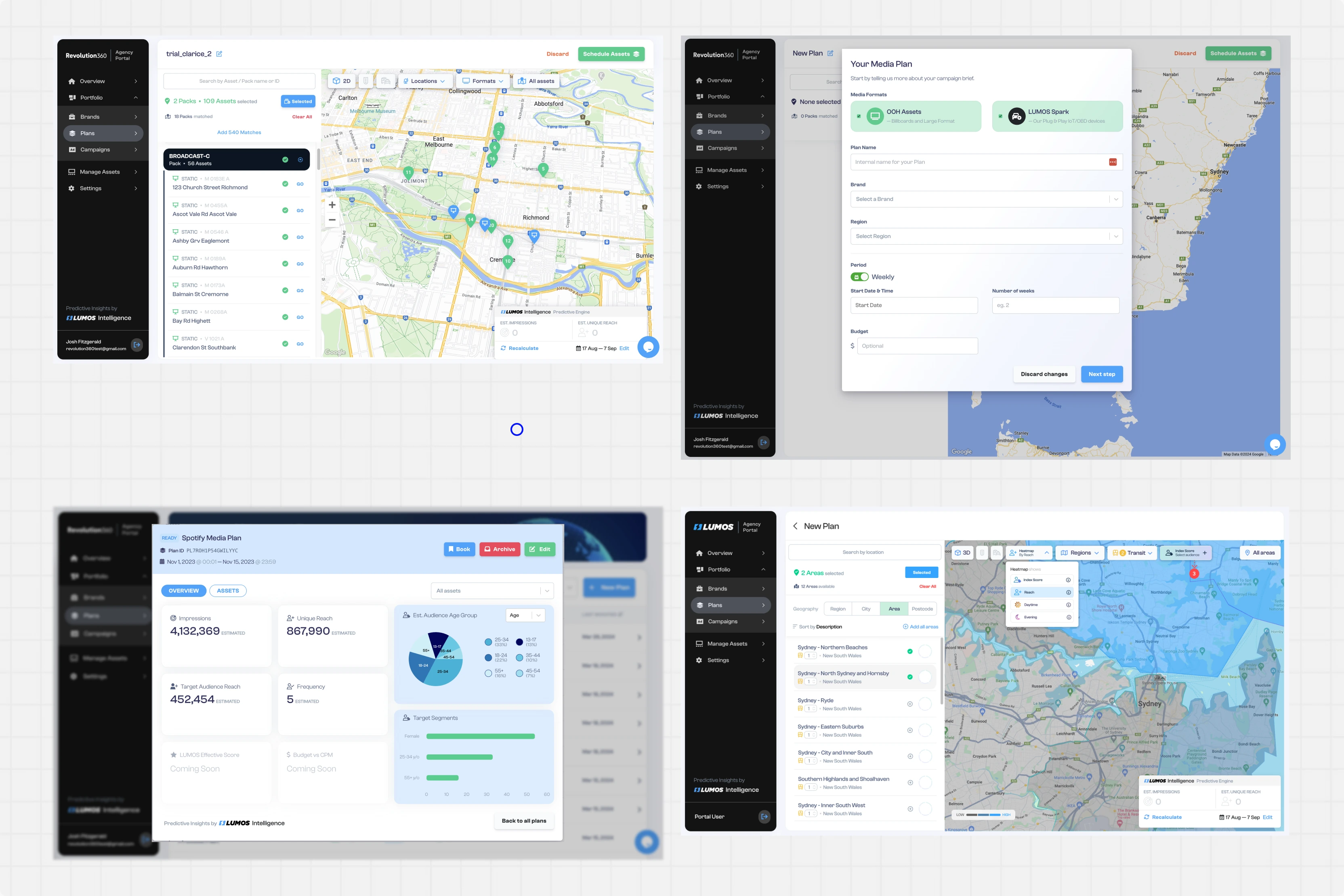 Screens from the platform as it stood, pulled off the audit board: an area explorer, a map view and two list views
