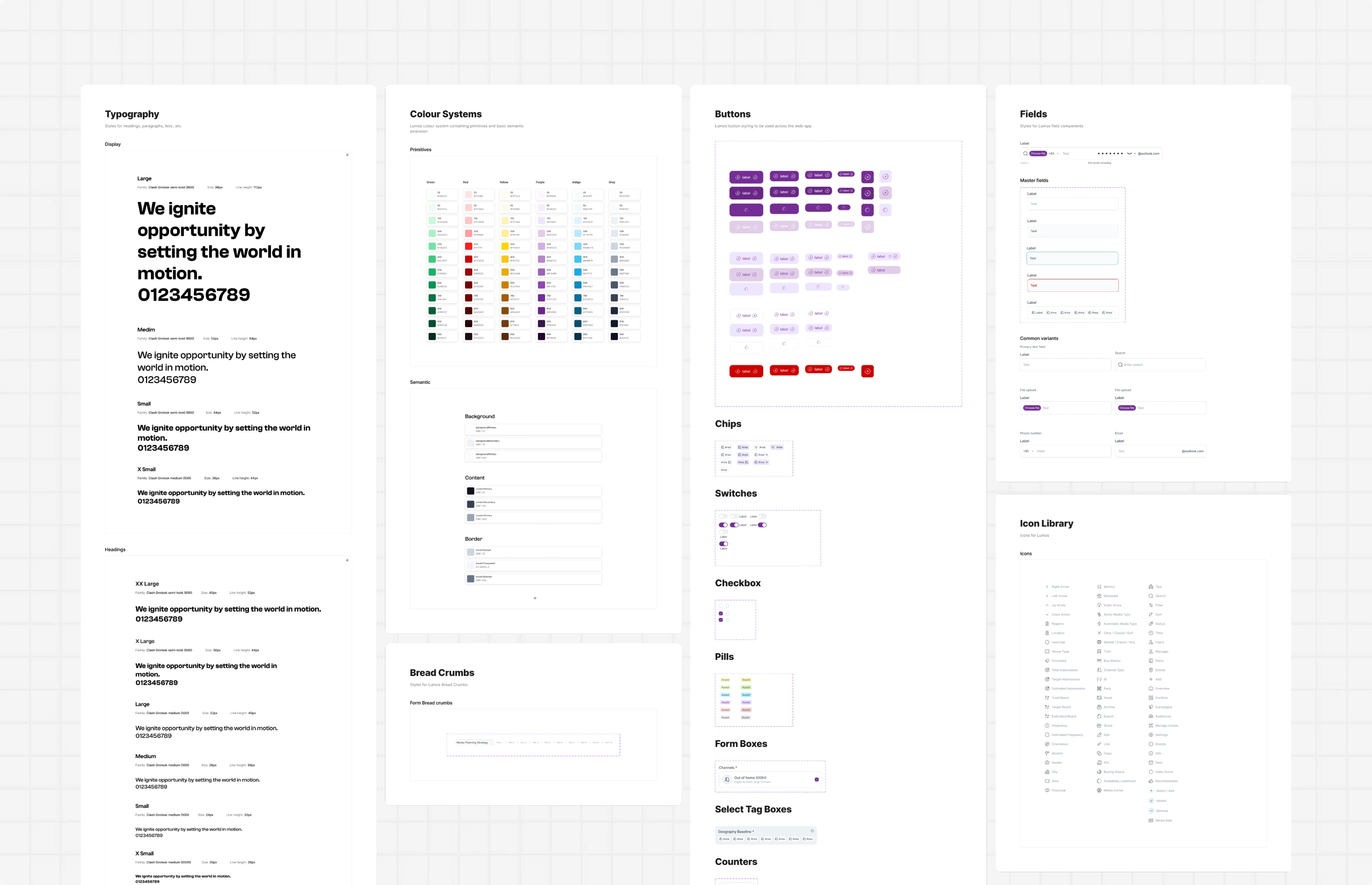 A sheet from the Lumos design system: type, colour, buttons, inputs, tables and the interactive states they carry