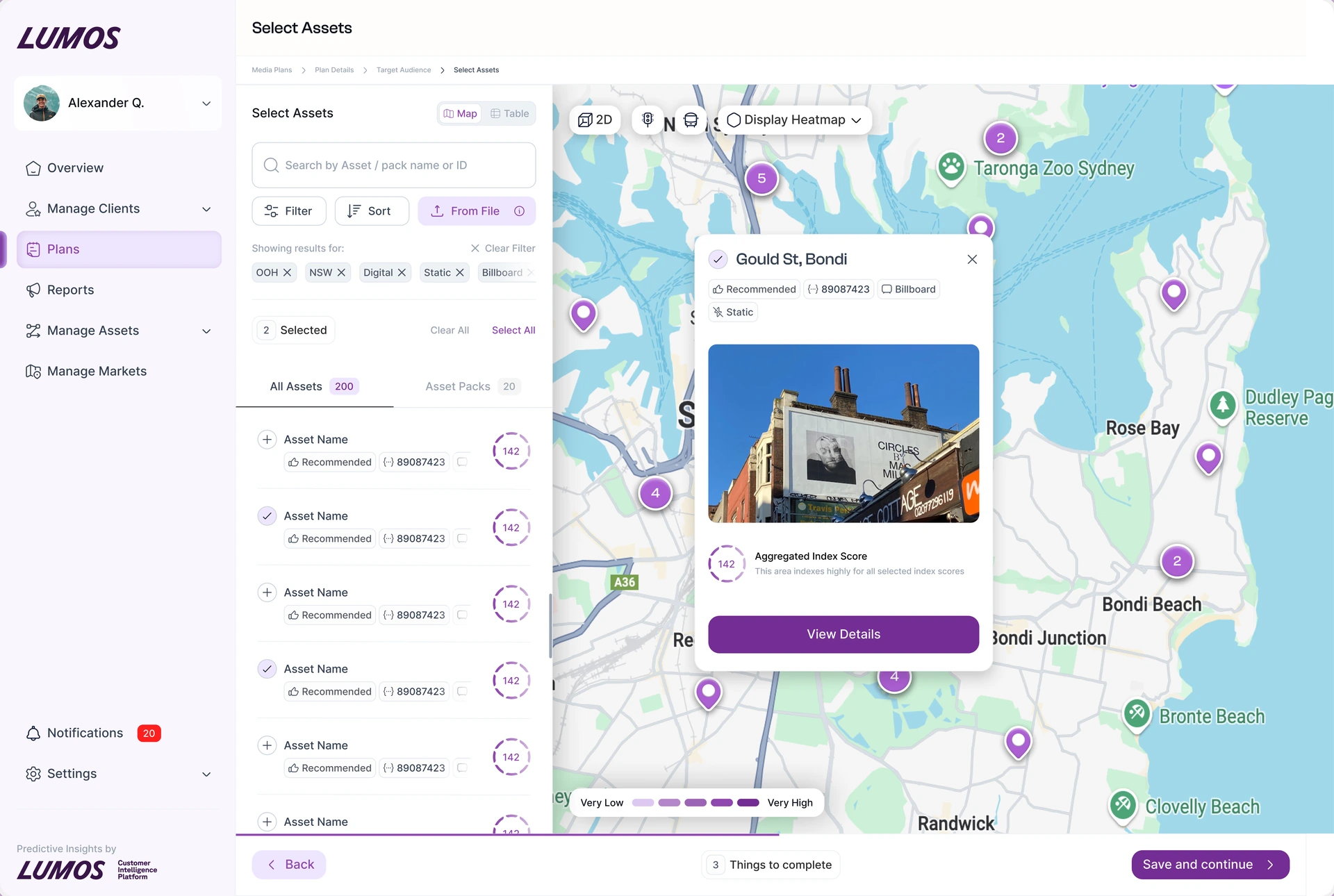 The Lumos Select Assets screen: a map of eastern Sydney with scored asset pins and a heatmap, beside a filterable list of assets, and a card for a billboard at Gould St, Bondi showing its photograph and an aggregated index score