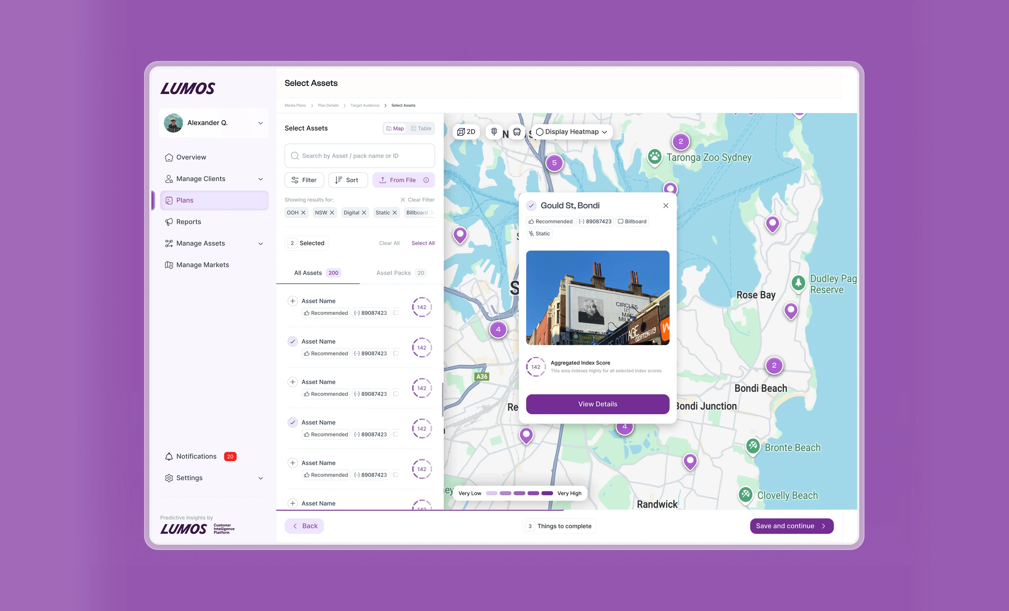 The Select Assets screen: a map of eastern Sydney with scored asset pins and a heatmap, beside a filterable list of assets, and a card for a billboard at Gould St, Bondi showing its photograph and an aggregated index score