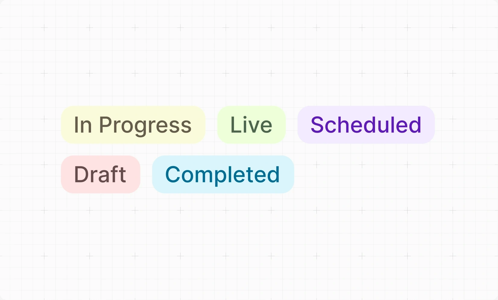 The five campaign status chips set out on the grid, in progress, live, scheduled, draft and completed, each in its own colour