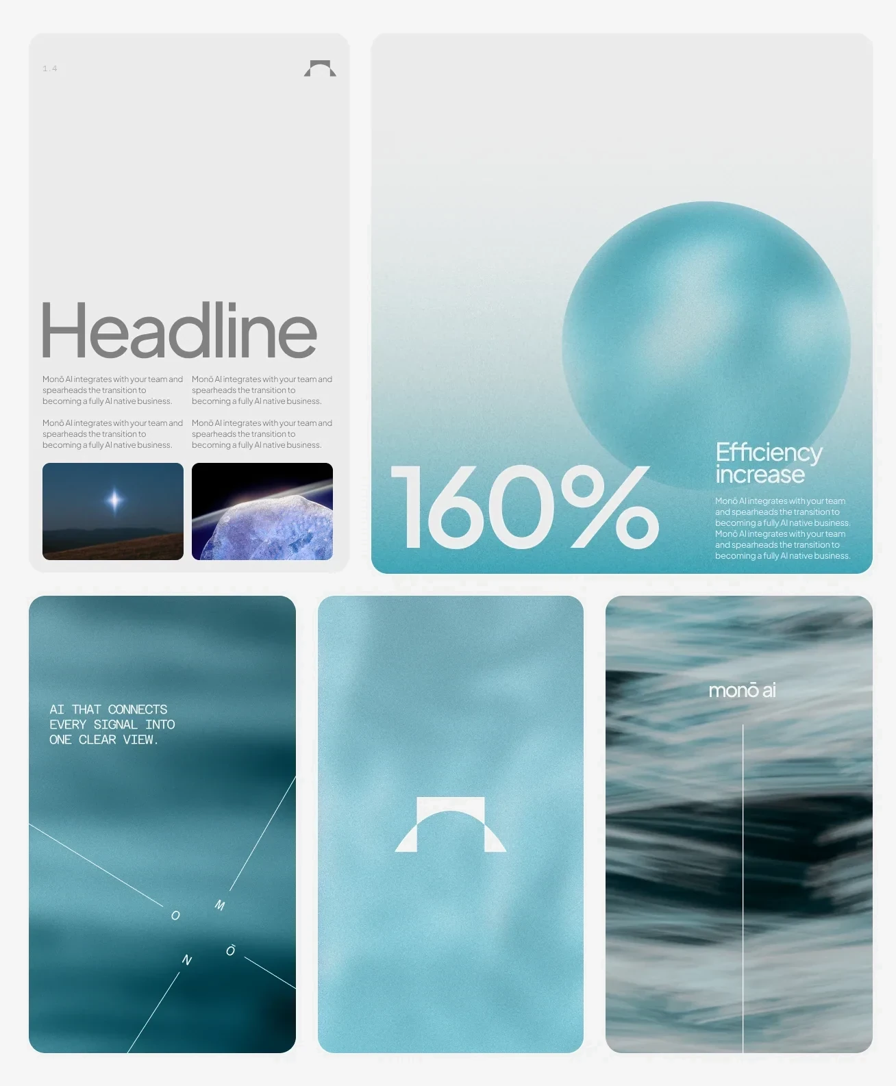 A collage of brand cards: a headline sheet, a "160% efficiency increase" stat on a gradient, and three small cards carrying the mark, the wordmark and the line "AI that connects every signal into one clear view"