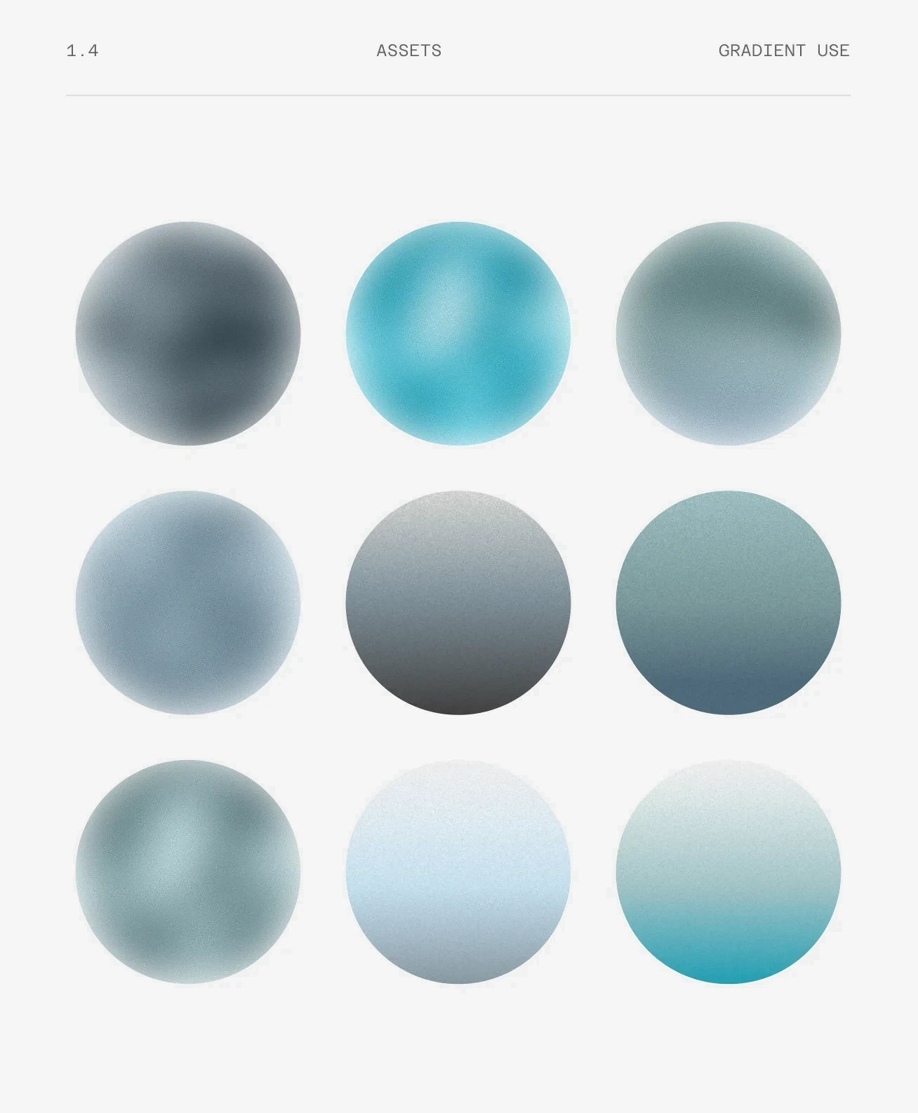 The gradient assets: a three-by-three grid of grainy steel and teal orbs and rounded squares