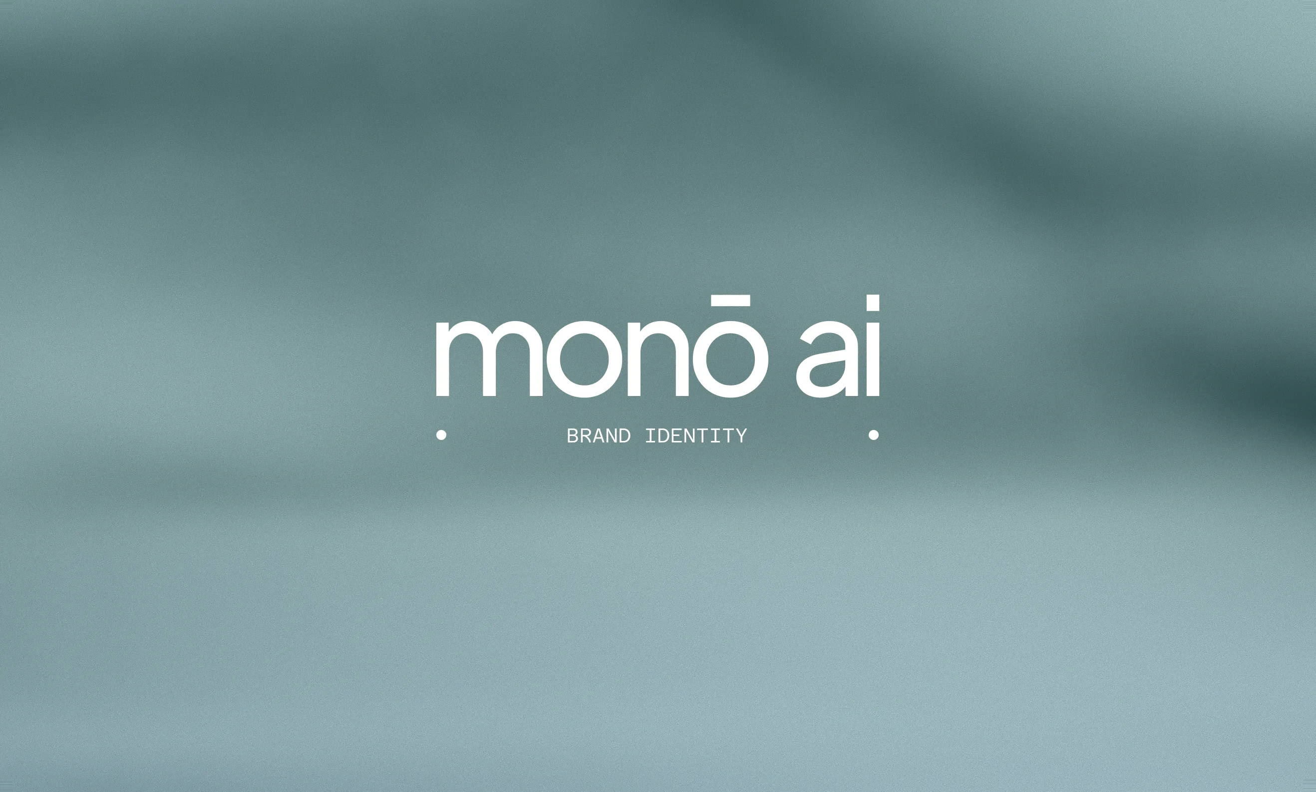 The Mono AI brand plate: "monō ai, brand identity" set in white on a grainy steel-blue ground
