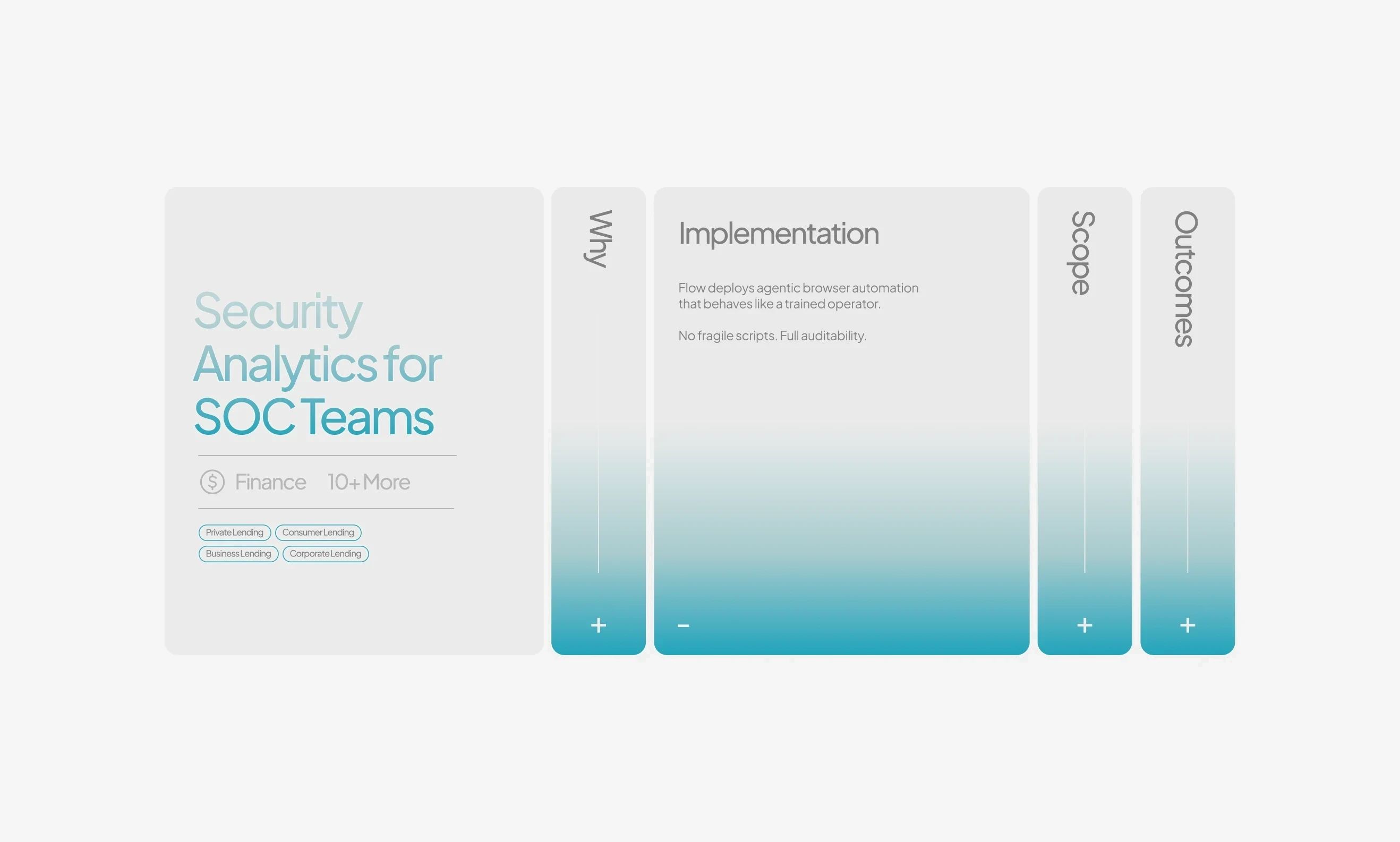 The website's accordion: a "Security Analytics for SOC Teams" card beside an expanded Implementation panel, with Why, Scope and Outcomes folded