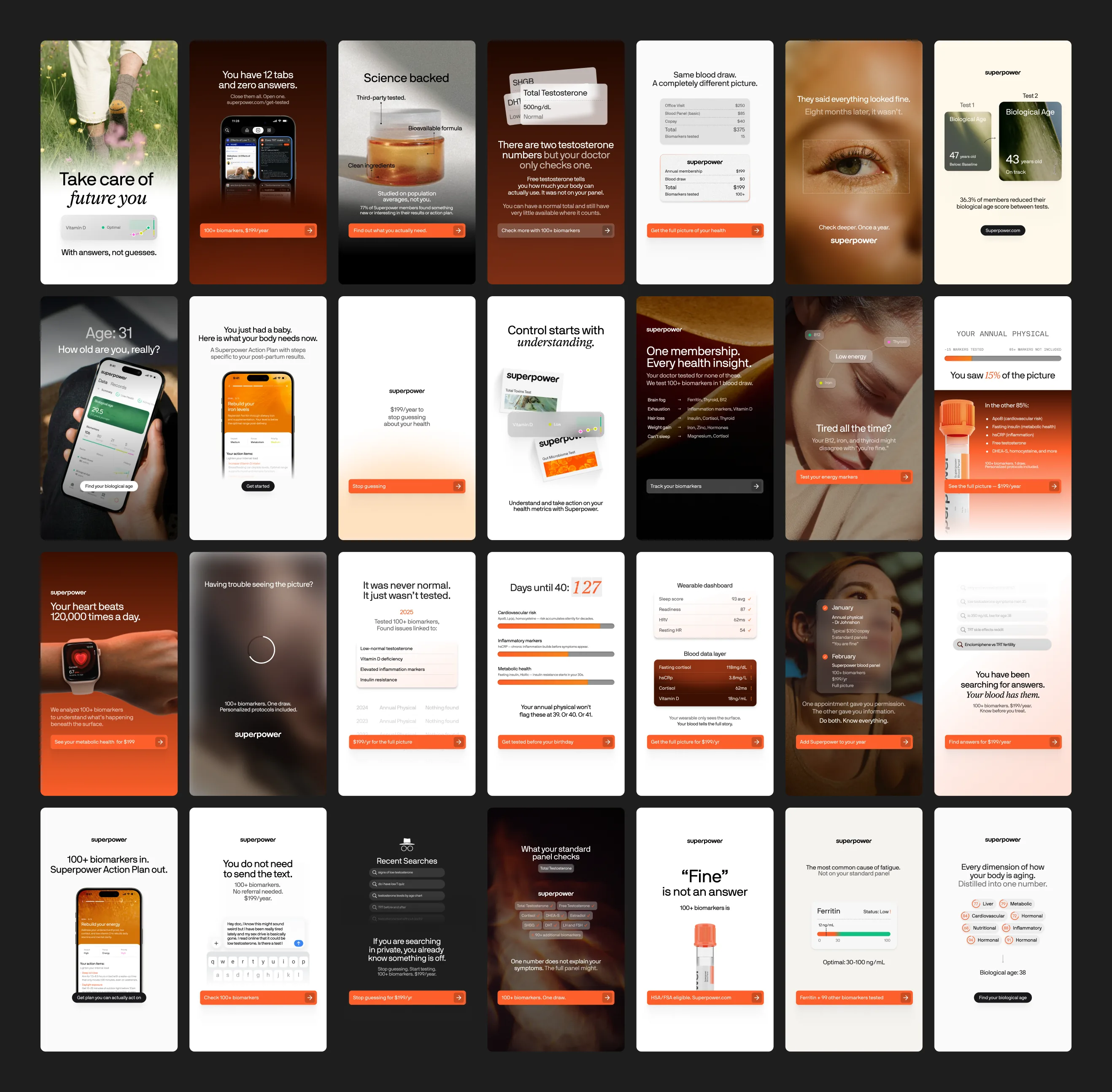 Twenty-eight Superpower story ads laid out in four rows of seven on a charcoal ground