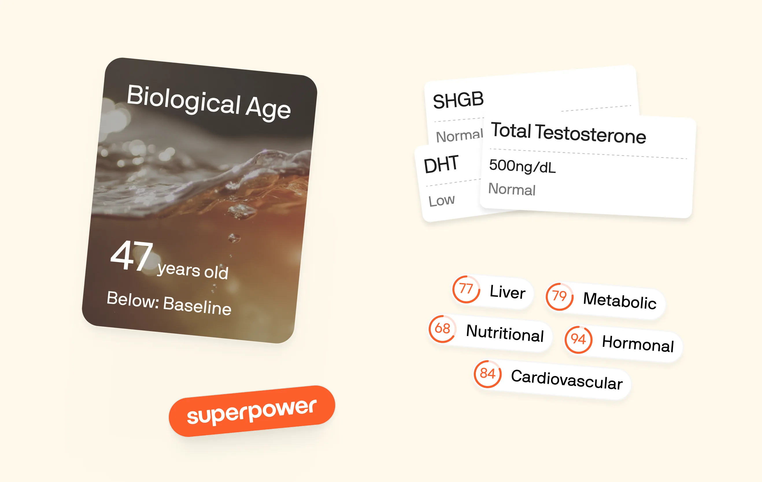 Superpower’s interface parts on cream: a Biological Age card reading 47 years old, below baseline; overlapping result cards for SHBG, DHT and Total Testosterone at 500 ng/dL; score chips for Liver, Metabolic, Nutritional, Hormonal and Cardiovascular; and the Superpower wordmark on an orange pill